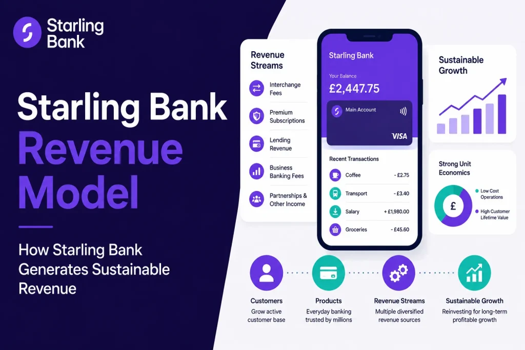 Starling Bank revenue model infographic showing digital banking income streams, subscriptions, lending, and sustainable growth