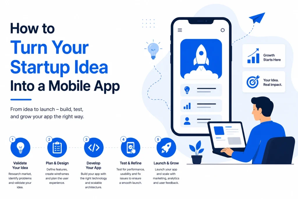 Startup mobile app development infographic showing idea validation, app planning, development, testing, launch, and business growth process.