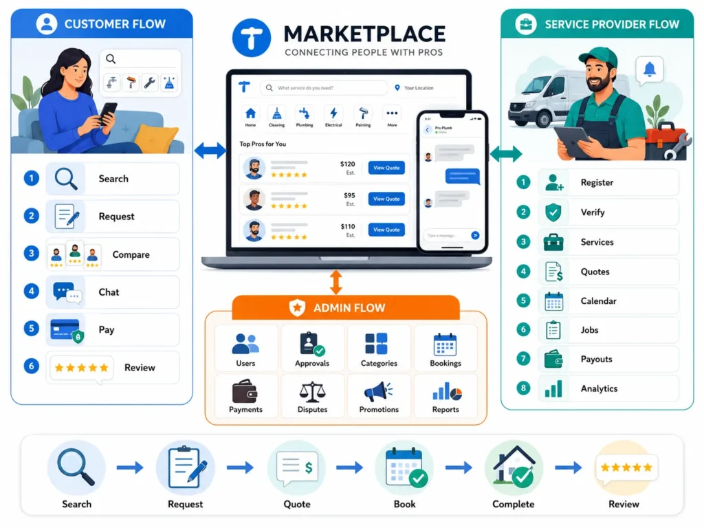 Best Thumbtack Clone Script in 2026: Features & Pricing Compared 1 Thumbtack-like marketplace workflow showing customer flow, service provider flow, admin flow, service search, quote request, booking, payment, job completion, and reviews.