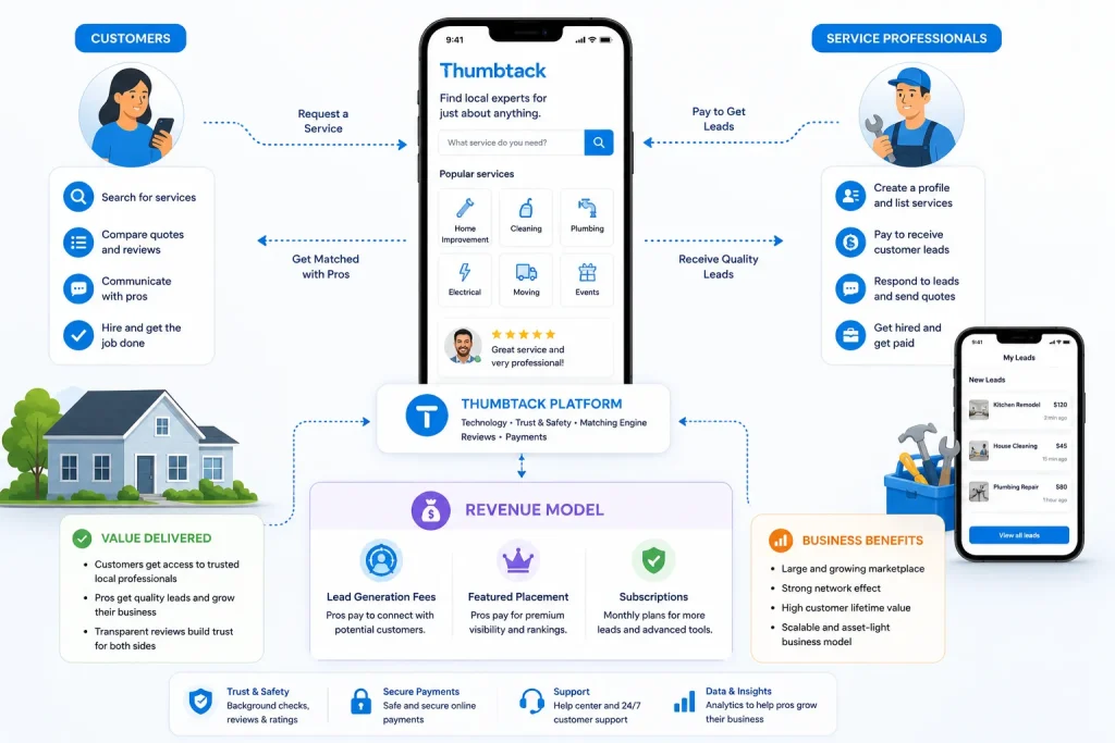 Thumbtack marketplace platform workflow showing customers, service professionals, lead generation fees, subscriptions, and service matching system