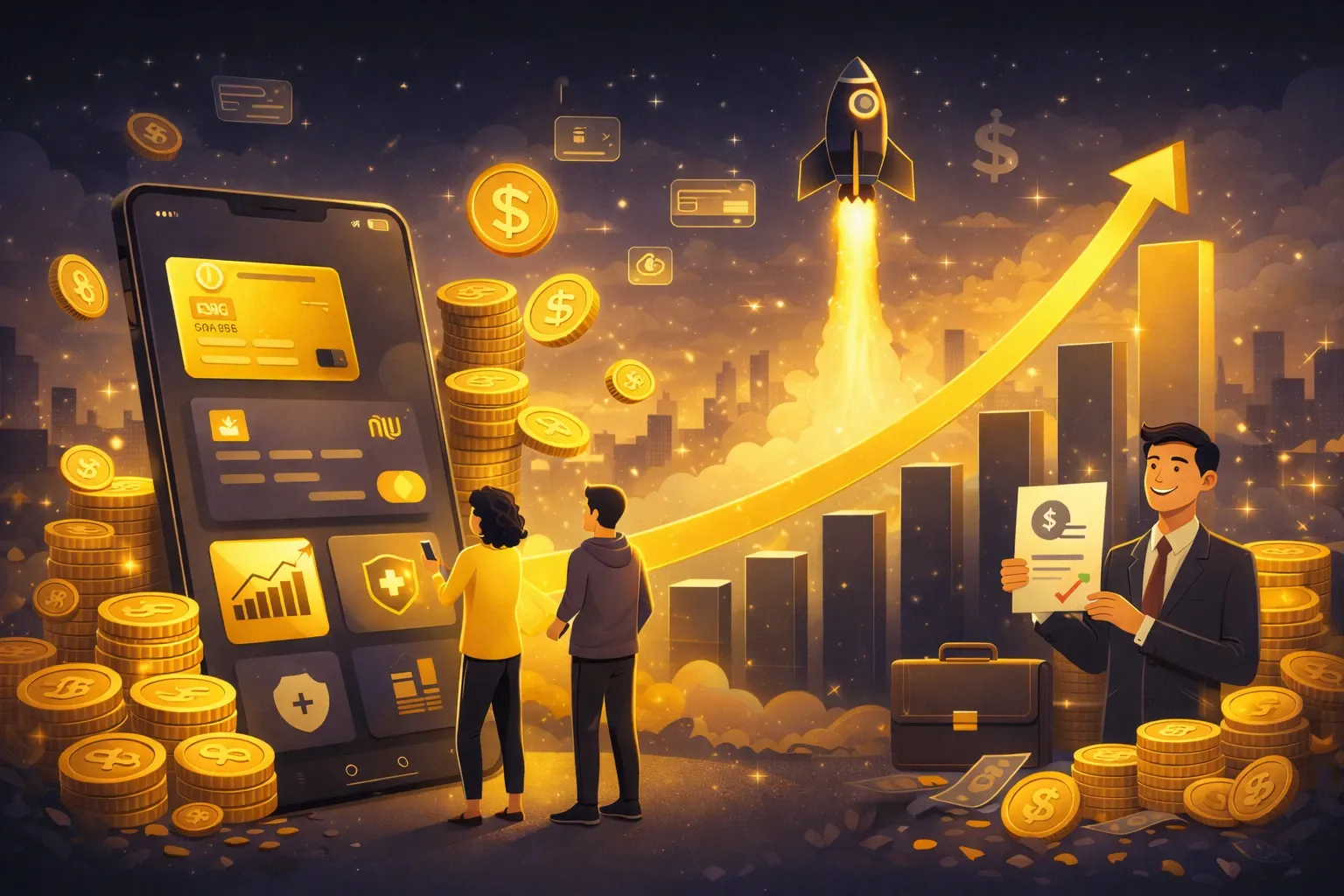 Illustration showing a digital banking ecosystem with fintech growth, payments, lending, and financial expansion.