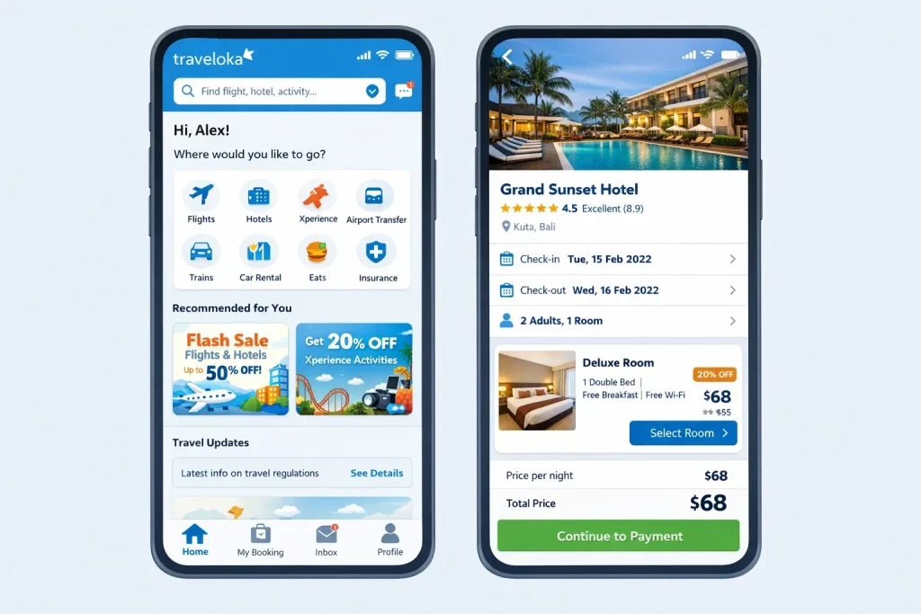 Traveloka app showing hotel booking details, travel deals, and user dashboard interface