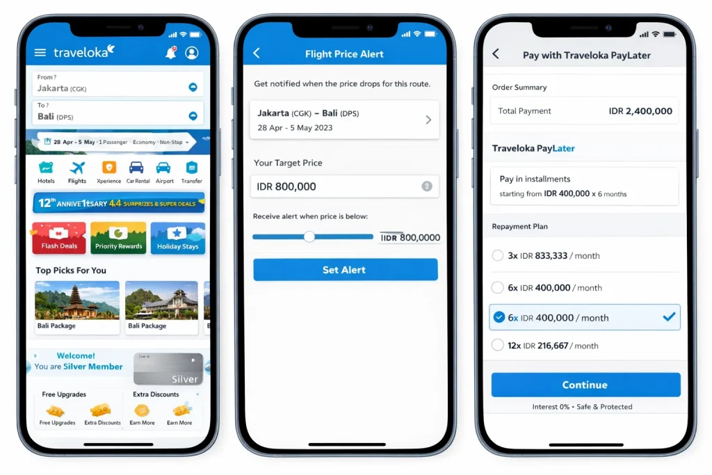 Traveloka app showing flight price alert feature and PayLater installment payment options