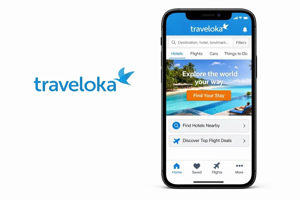 Traveloka mobile app showing hotel booking, flight deals, and travel search interface