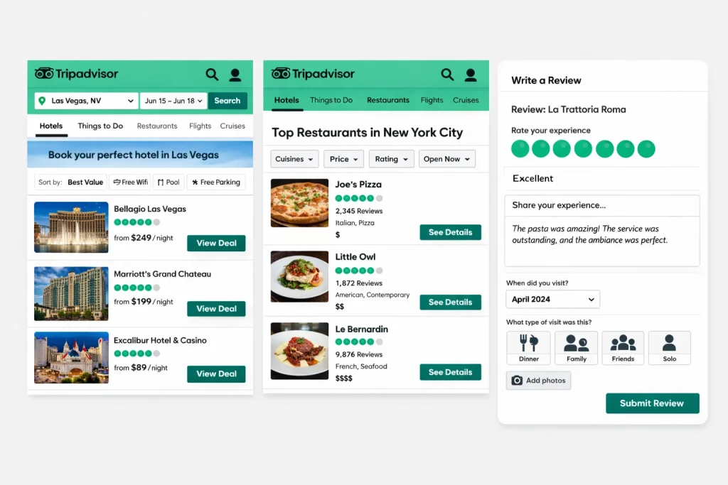 Tripadvisor interface showing hotel listings, restaurant reviews, and user review submission form