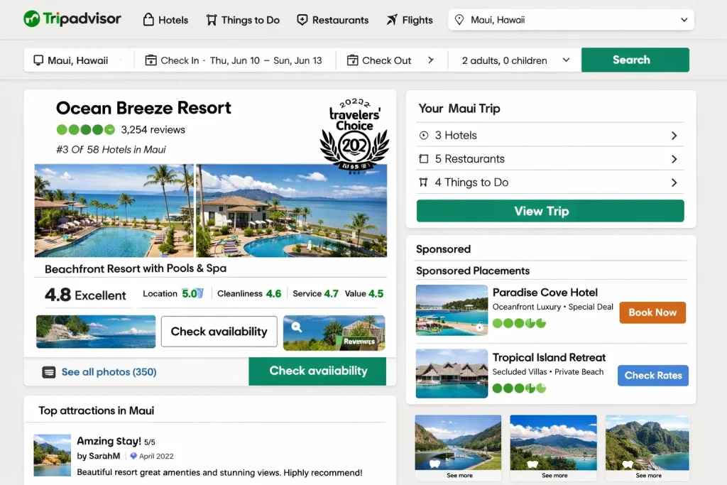 Tripadvisor hotel listing showing Ocean Breeze Resort in Maui with ratings, reviews, and booking options