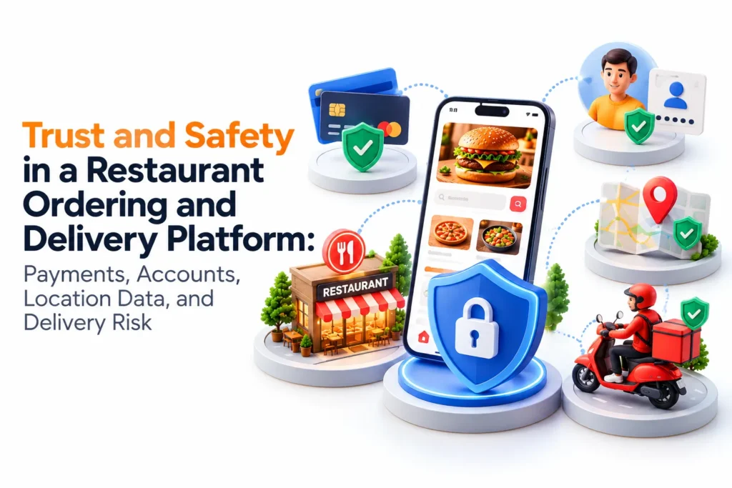 Trust and safety in a restaurant ordering and delivery platform covering payment security, customer accounts, location data protection, and delivery risks.