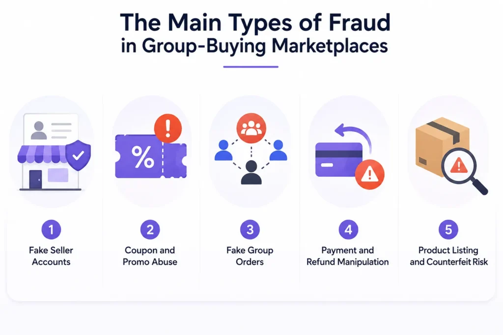 How to Reduce Fraud in Group-Buying Marketplaces: Seller, Payment, and Coupon Abuse Controls 1 Types of fraud in group-buying marketplaces, including fake sellers, coupon abuse, fake orders, refund manipulation, and counterfeit products
