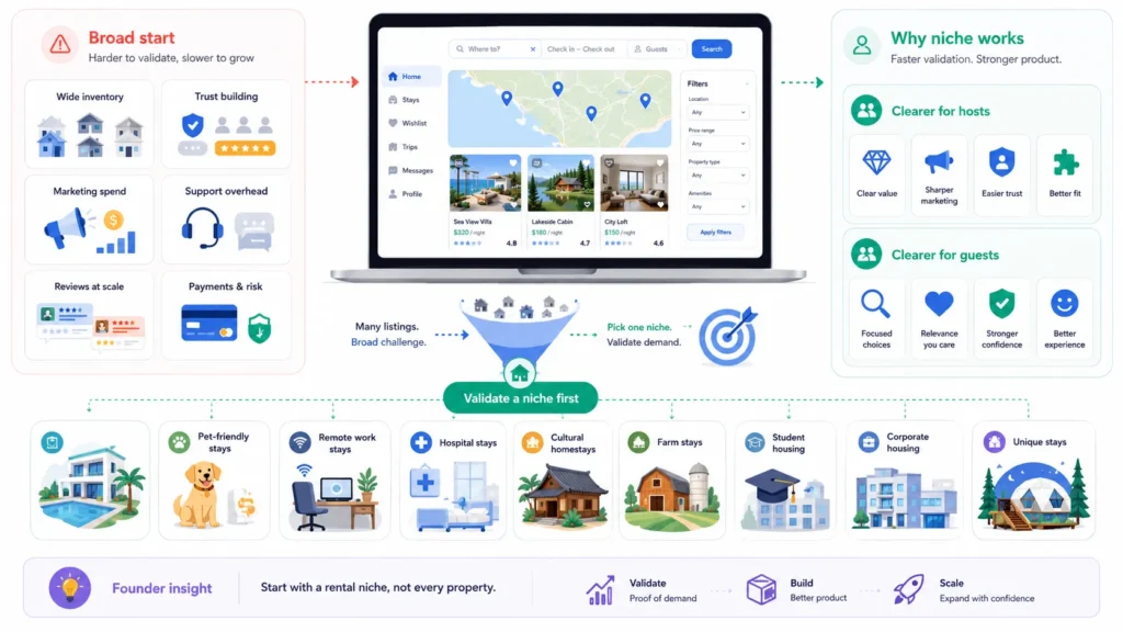 Vacation rental niche strategy comparing a broad marketplace with focused segments such as pet-friendly, remote work, hospital, farm, student, and unique stays