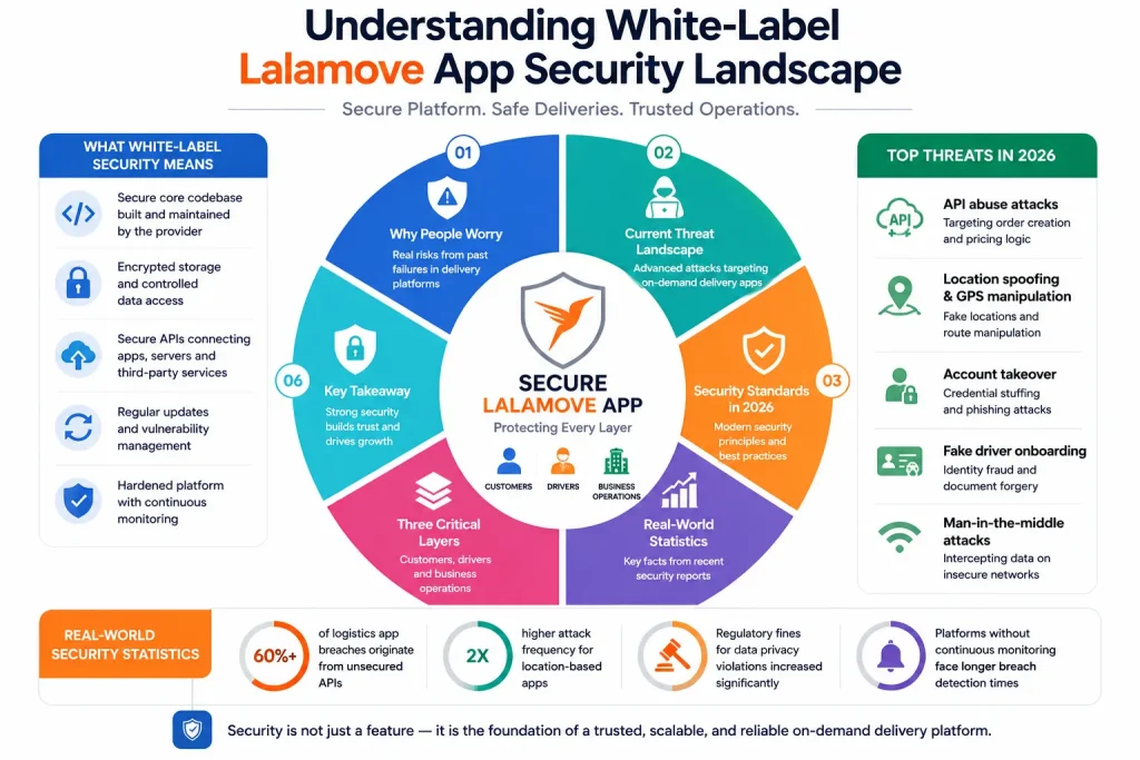 Infographic explaining white-label Lalamove app security landscape including API security, GPS protection, fraud prevention, compliance, and delivery platform risks.