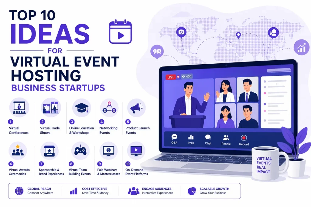 Top virtual event hosting business startup ideas infographic