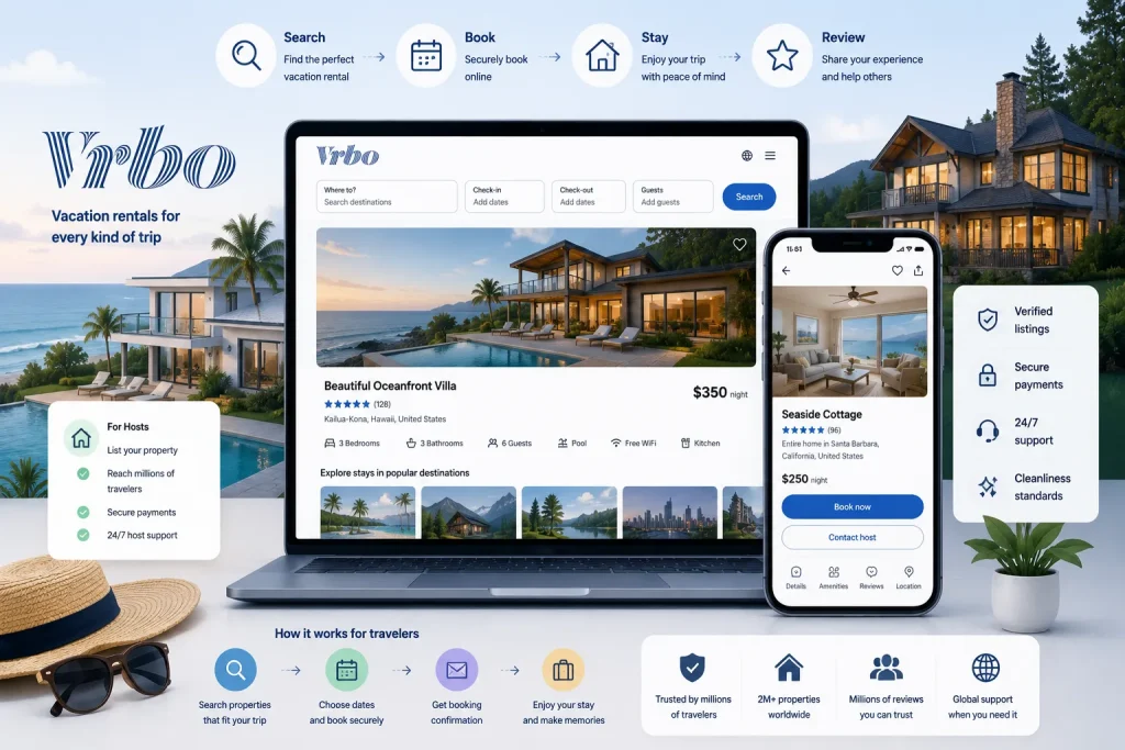 What Is Vrbo and How Does It Work? 1 Vrbo vacation rental booking platform with property listings, secure payments, and traveler booking interface