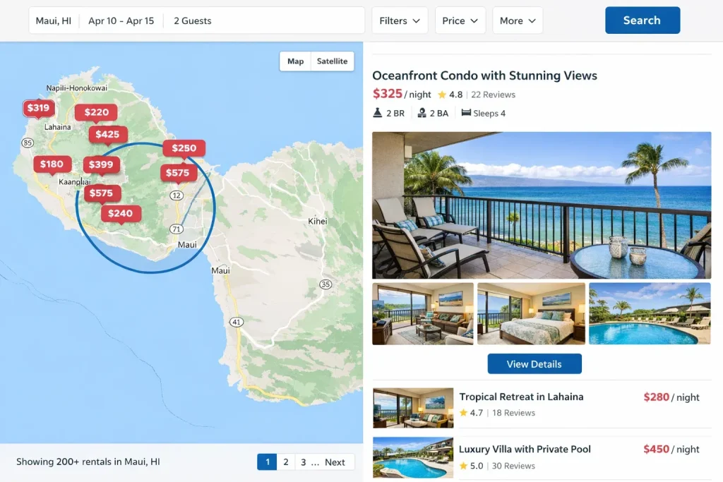 Vrbo vacation rental map search showing Maui listings with prices and oceanfront condo details