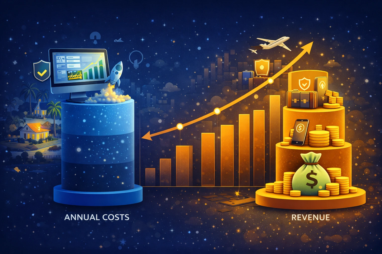 Illustration showing a vacation rental marketplace ecosystem with homes, travel booking interface, and financial growth elements.