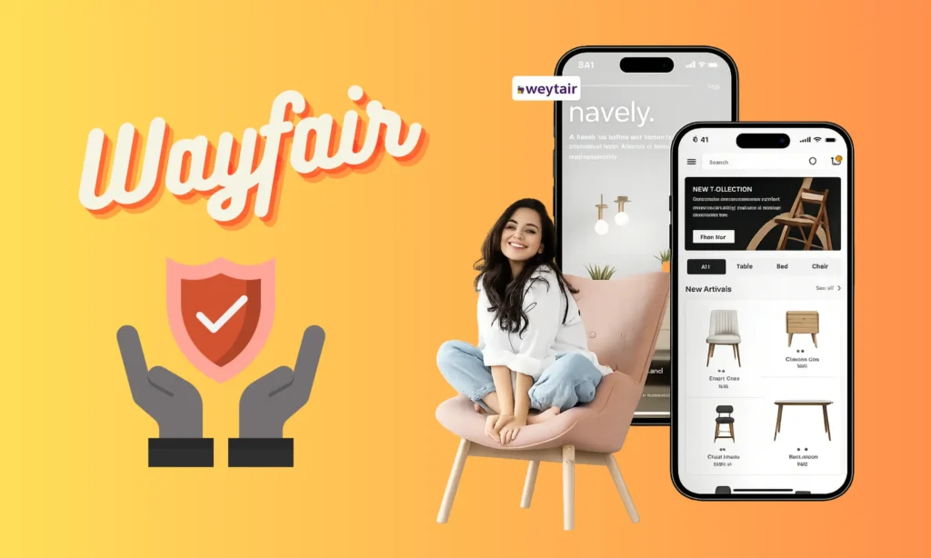 Wayfair app safety illustration showing secure shopping with Wayfair mobile app, shield protection icon, and furniture marketplace interface