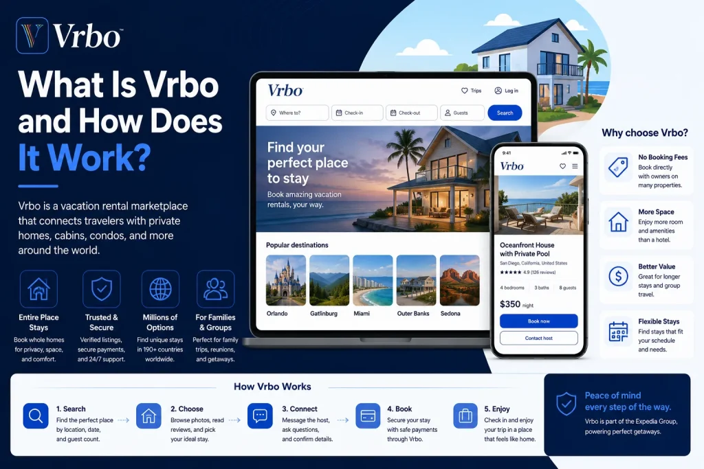 Vrbo vacation rental platform interface with property booking dashboard, mobile app, and travel accommodation features