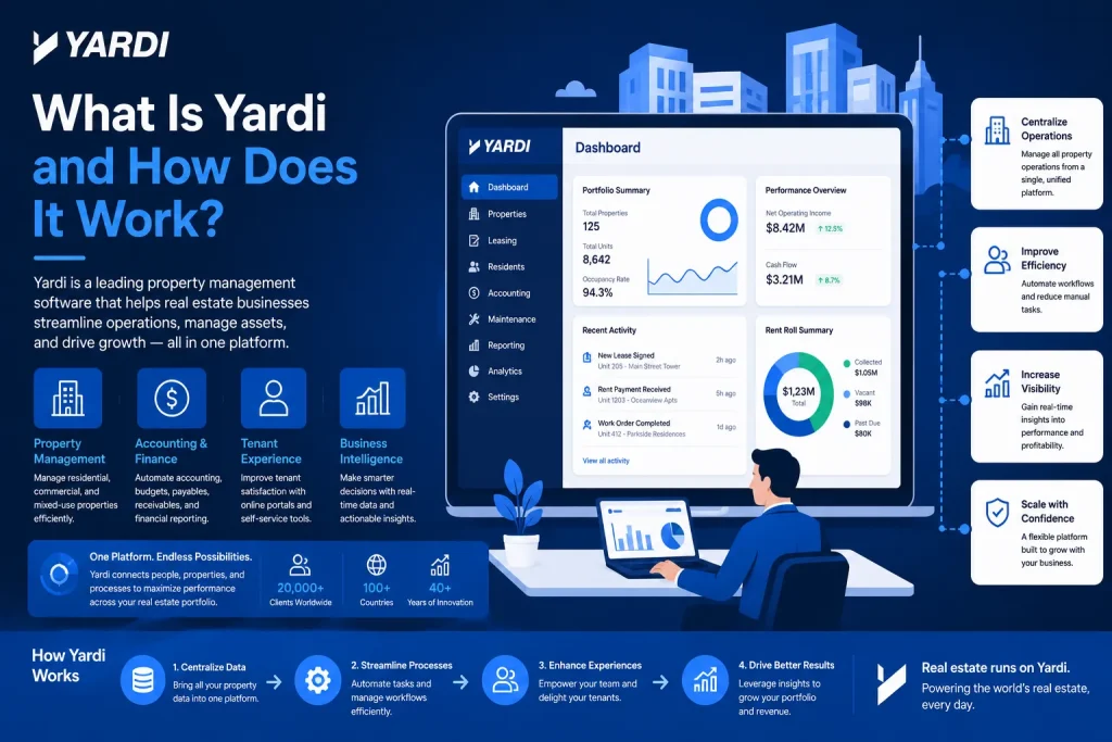 Yardi property management software dashboard with real estate analytics, accounting, tenant management, and reporting features