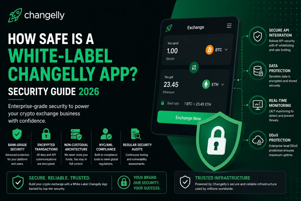 White-label crypto exchange app security illustration with encrypted transactions, API protection, AML compliance, and DDoS security