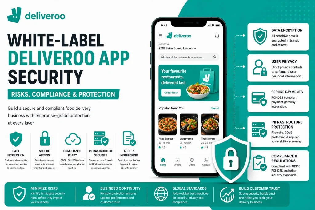White-label Deliveroo-style food delivery app security illustration with encrypted payments, GDPR compliance, infrastructure protection, and secure user privacy