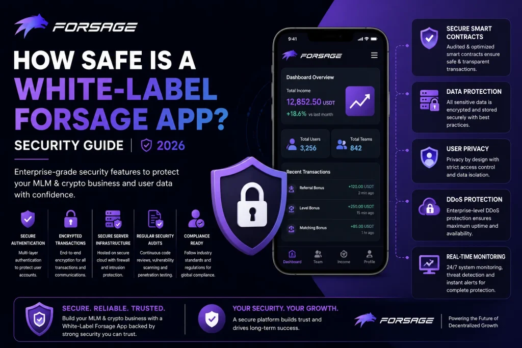 White-label Forsage crypto MLM app security illustration with smart contract protection, encrypted transactions, DDoS security, and real-time monitoring