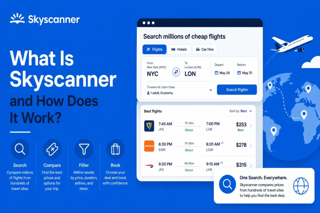 Skyscanner flight search platform showing flight comparison, filters, booking options, and global travel price results