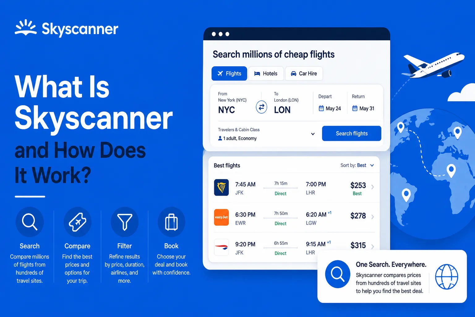 Skyscanner flight search platform showing flight comparison, filters, booking options, and global travel price results