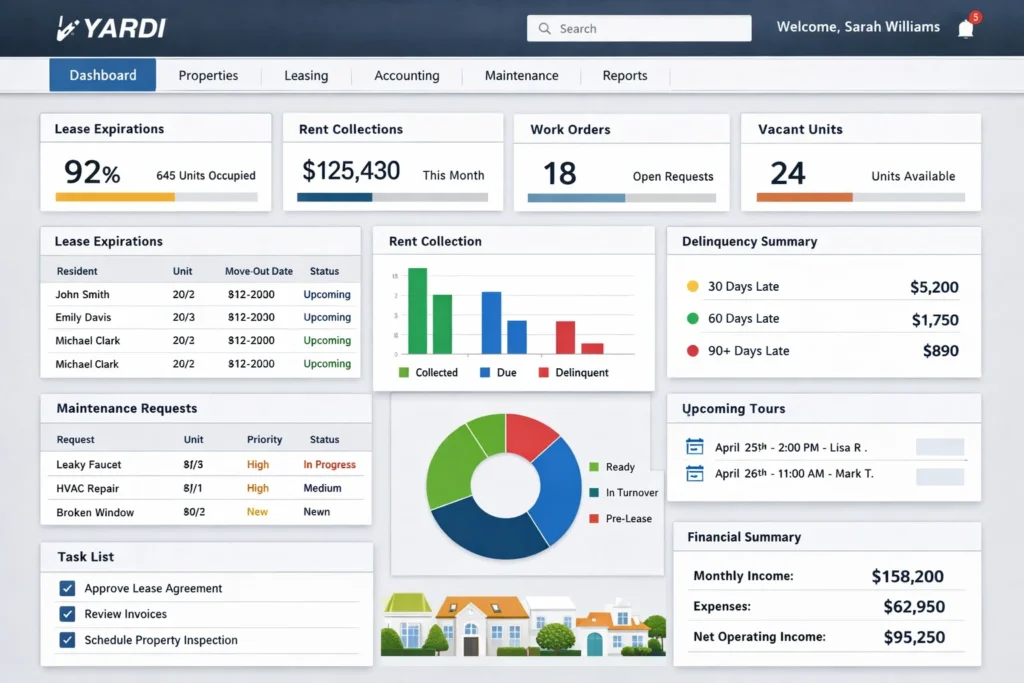 Yardi property management dashboard showing occupancy rate, rent due, leasing activity, and financial overview