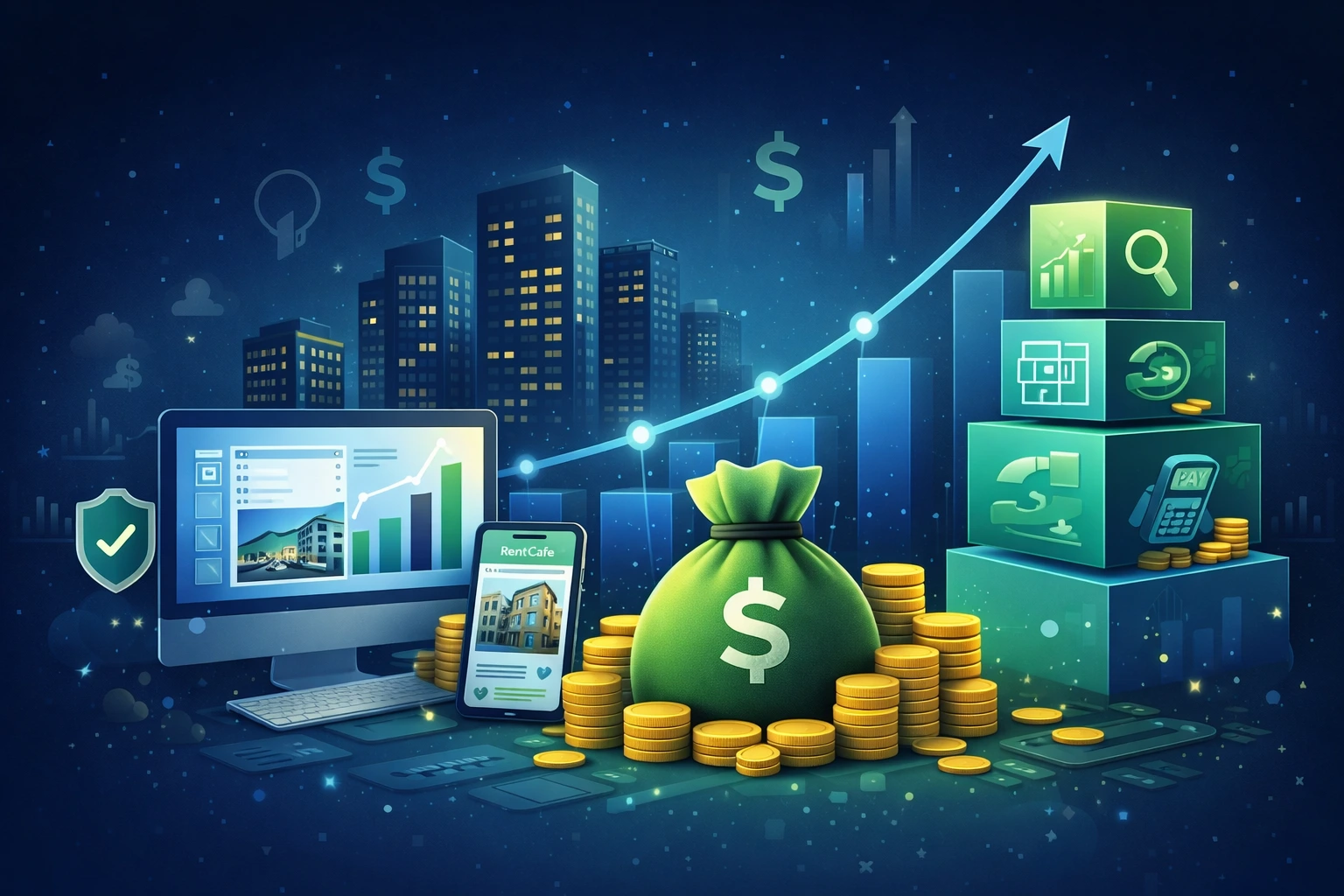 Illustration representing Yardi’s proptech SaaS platform managing real estate data, analytics, and revenue systems.