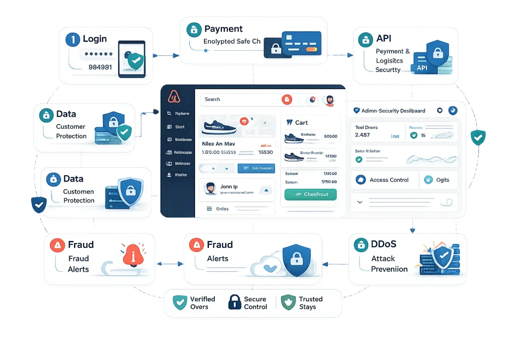 How Safe is a White-Label Zappos Clone? Security Guide 2026 1 White-label ecommerce platform security workflow and protection system infographic