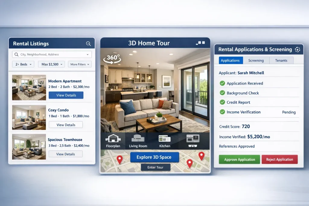 Zillow Rentals platform showing rental listings, 3D home tour, and tenant application screening
