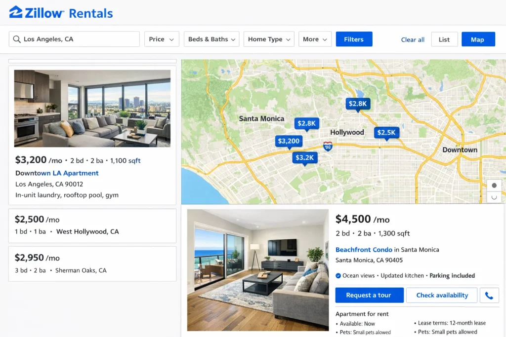 Zillow Rentals map search showing apartment listings and rental prices across Los Angeles
