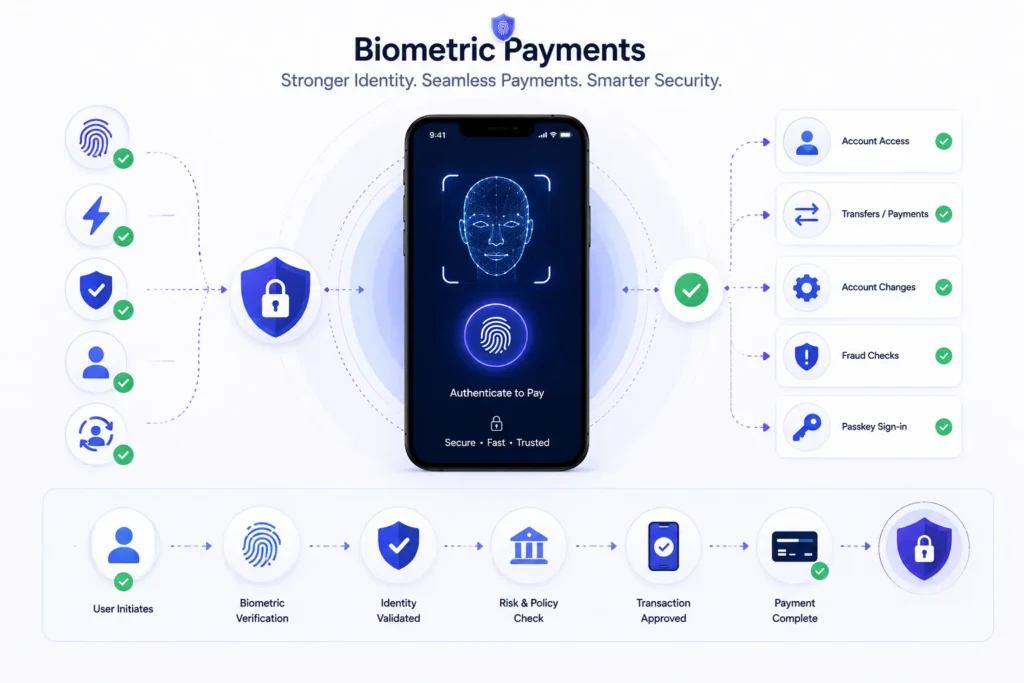 Biometric payment authentication infographic showing facial recognition, fingerprint verification, secure mobile payments, fraud prevention, and passkey-based account access workflow.