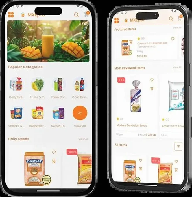 Man using multiple devices showing grocery delivery app interface with fresh groceries and delivery setup