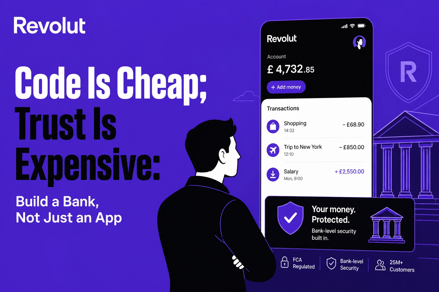 Revolut clone fintech platform showing bank-level security, protected money, digital wallet transactions, and regulated banking app features
