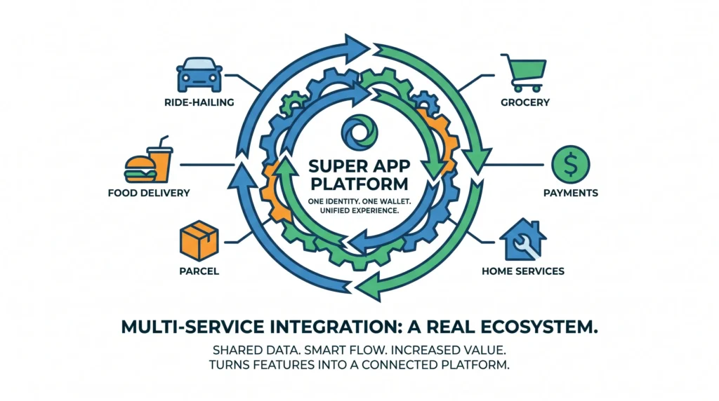 Why offer one service when you can offer 20? The business of Super Apps 1 Infographic showing a super app platform ecosystem with ride-hailing, food delivery, parcel delivery, grocery, payments, and home services connected through one wallet and unified user experience.