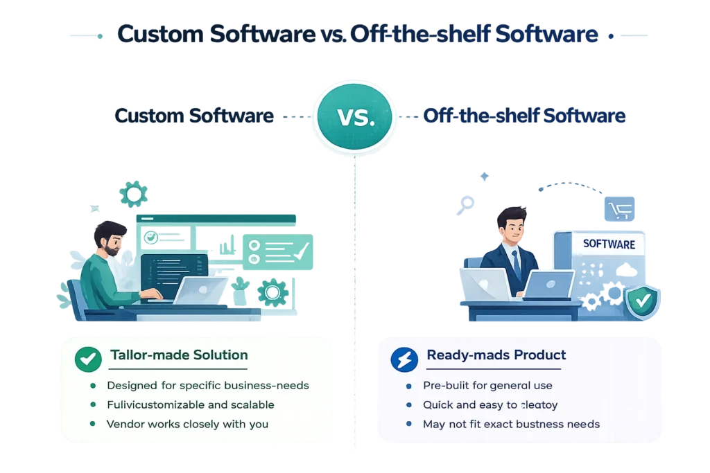 Custom software vs off-the-shelf software comparison showing tailored solutions, scalability, ready-made products, and general-use software differences