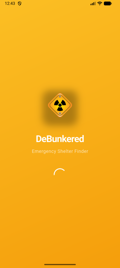 DeBunkered emergency shelter finder app splash screen showing nuclear hazard icon and loading interface
