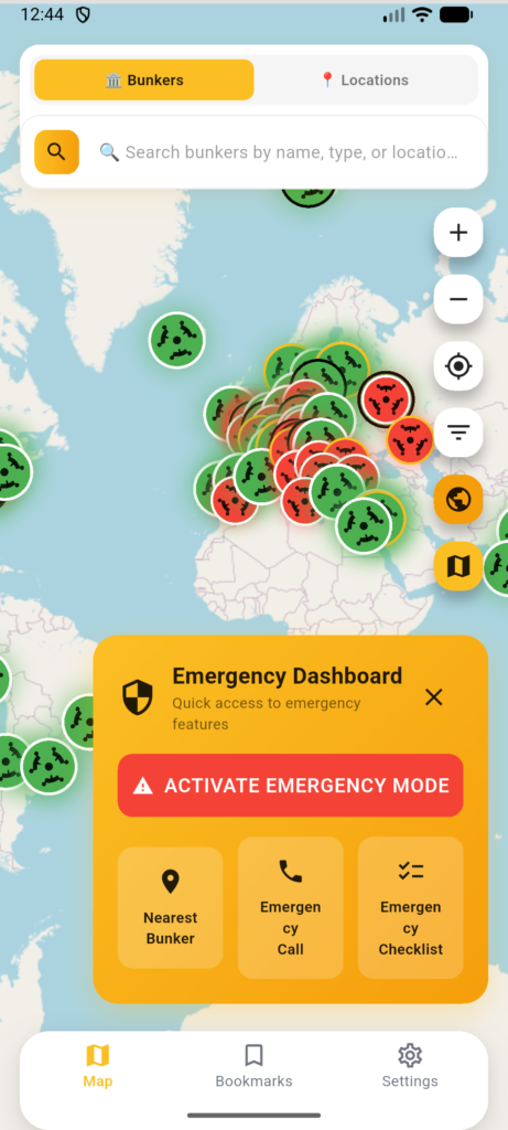 DeBunkered app emergency dashboard showing bunker map with activate emergency mode and nearest bunker options