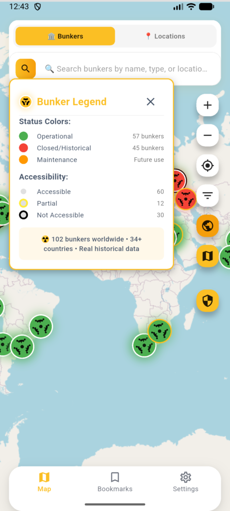 DeBunkered app bunker map showing global emergency shelters with status legend and accessibility filters