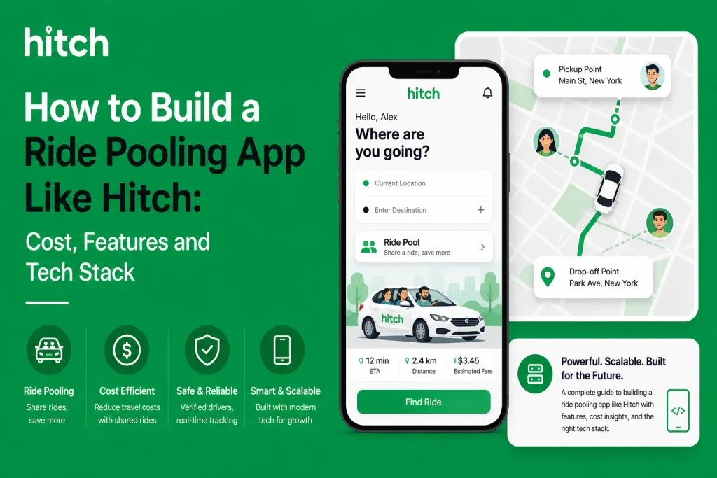 Ride pooling app like Hitch showing route matching, pickup and drop-off tracking, shared rides, estimated fare, and scalable mobility app features
