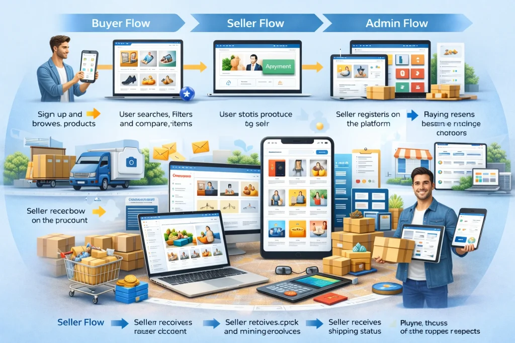 Entrepreneurs managing a marketplace app on multiple devices with packages and ecommerce elements