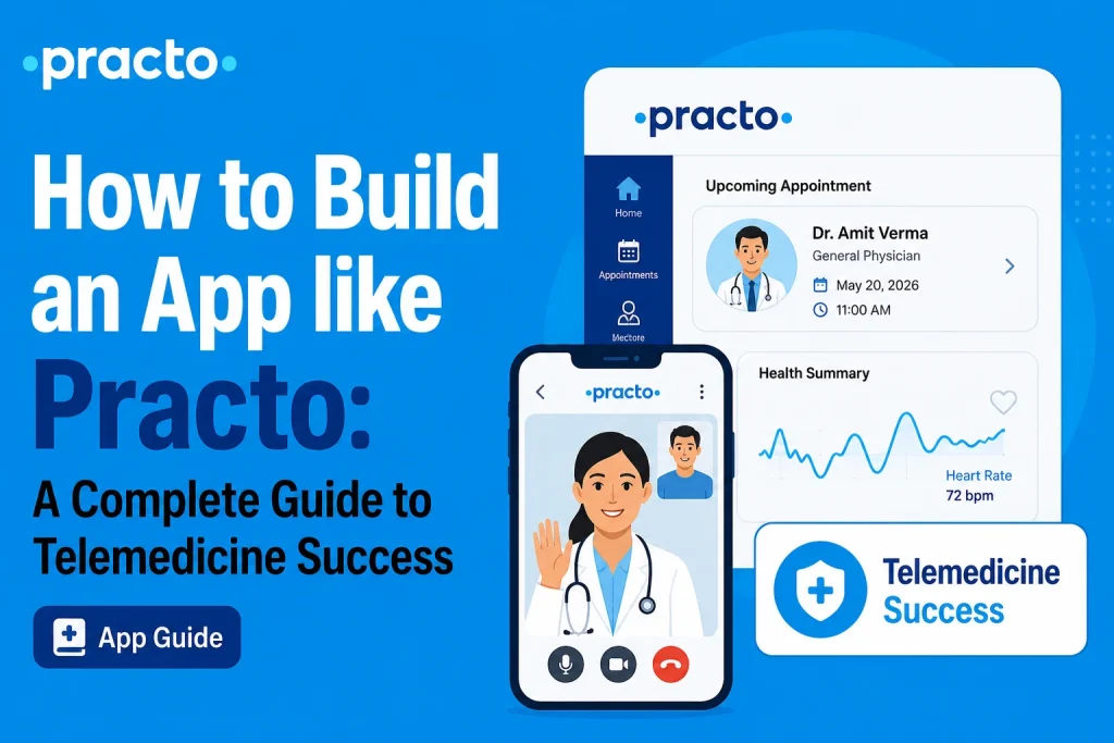 Practo-like telemedicine app development guide showing video consultation, doctor appointments, health summary, and patient dashboard