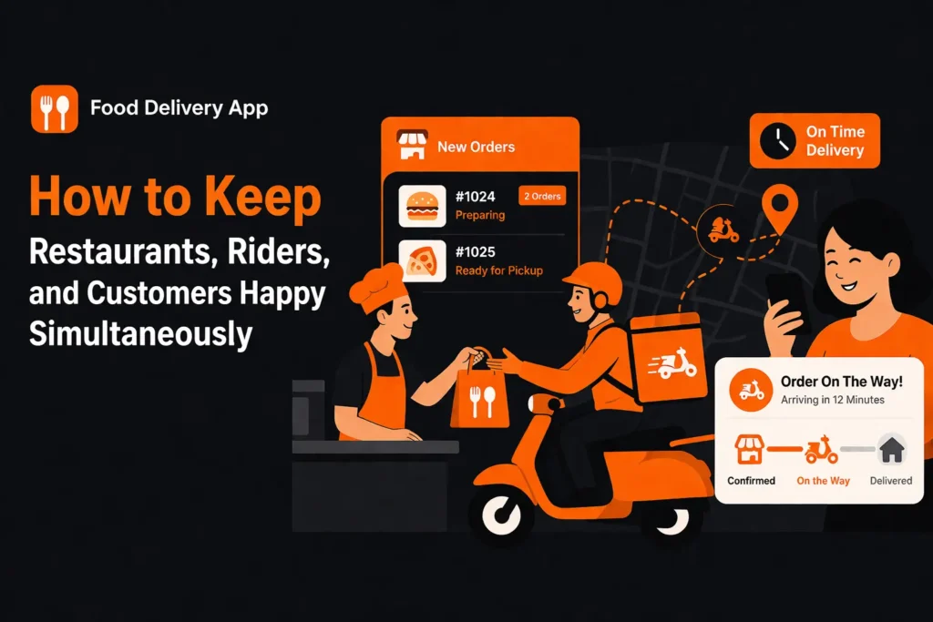 Vector illustration of a food delivery app showing restaurant order management, rider pickup, live delivery tracking, and a happy customer using a mobile phone.