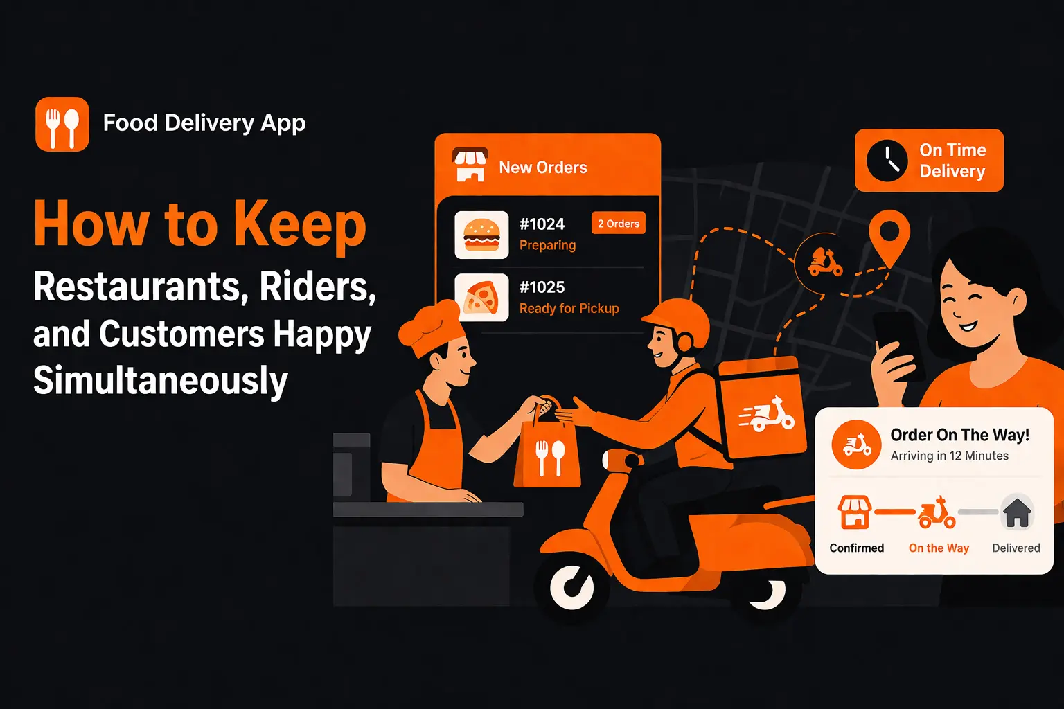 Vector illustration of a food delivery app showing restaurant order management, rider pickup, live delivery tracking, and a happy customer using a mobile phone.