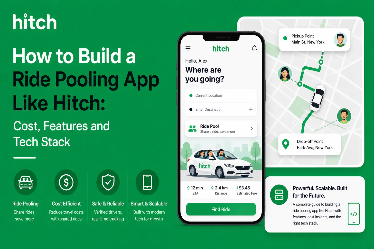 Ride pooling app like Hitch showing route matching, pickup and drop-off tracking, shared rides, estimated fare, and scalable mobility app features