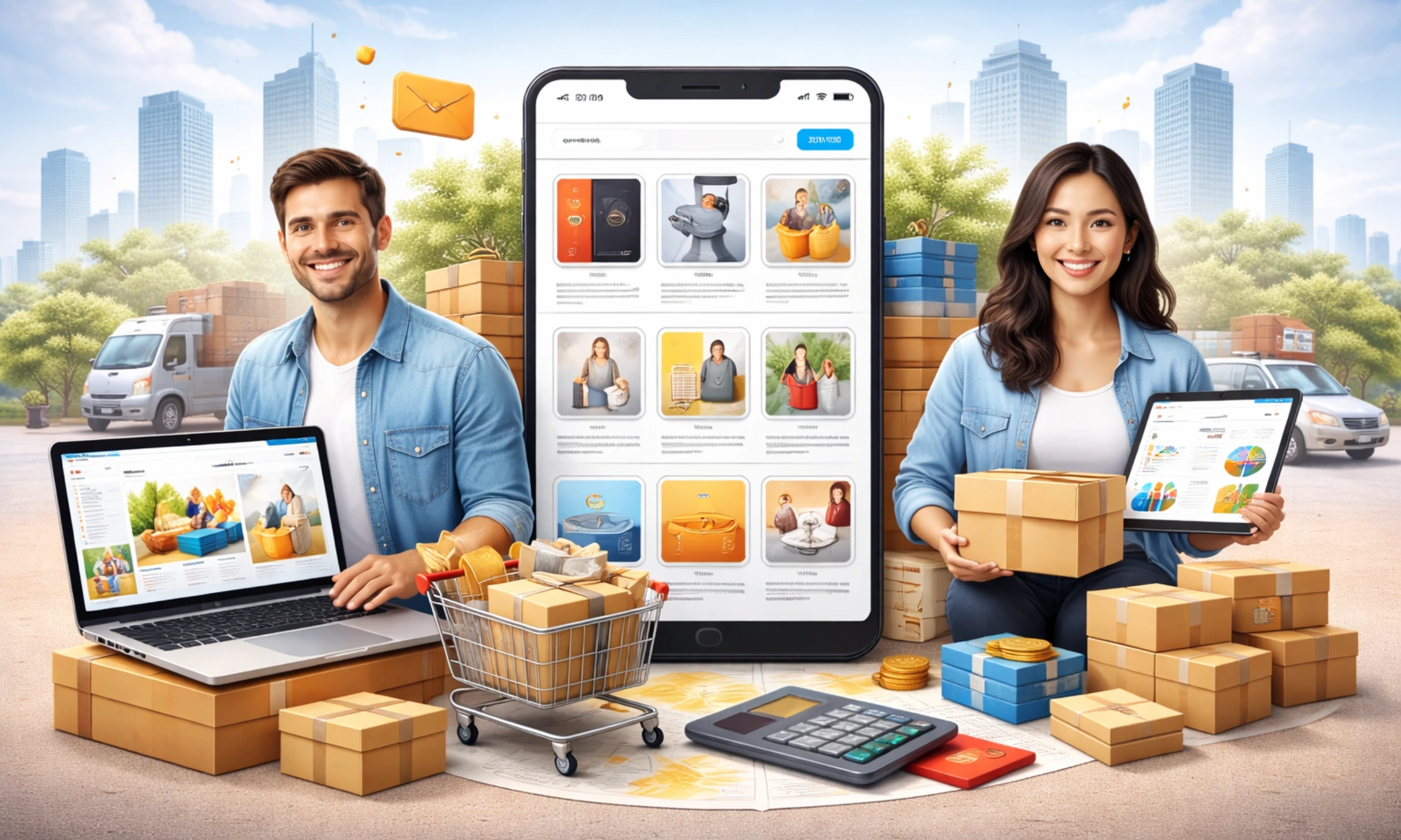 Entrepreneurs managing a marketplace app on multiple devices with packages and ecommerce elements Marketplace App Like Amazon or Alibaba