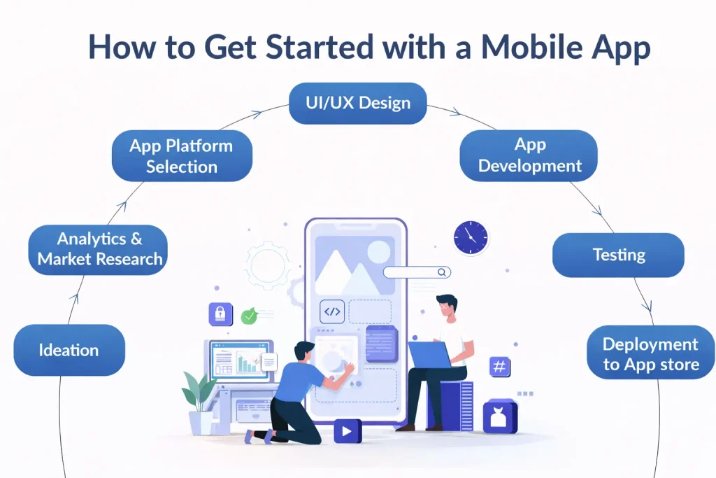 How to get started with a mobile app showing step-by-step development process including ideation, UI UX design, development, testing, and deployment