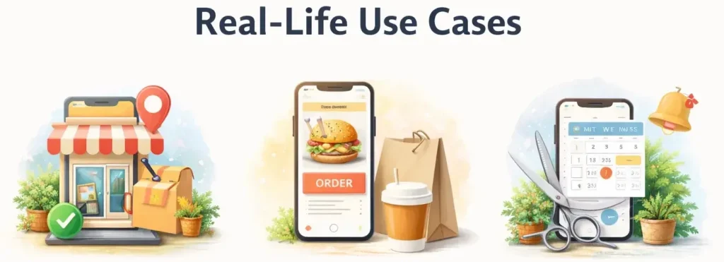 real life use cases of mobile apps for small businesses including retail store, restaurant ordering app, and service booking app