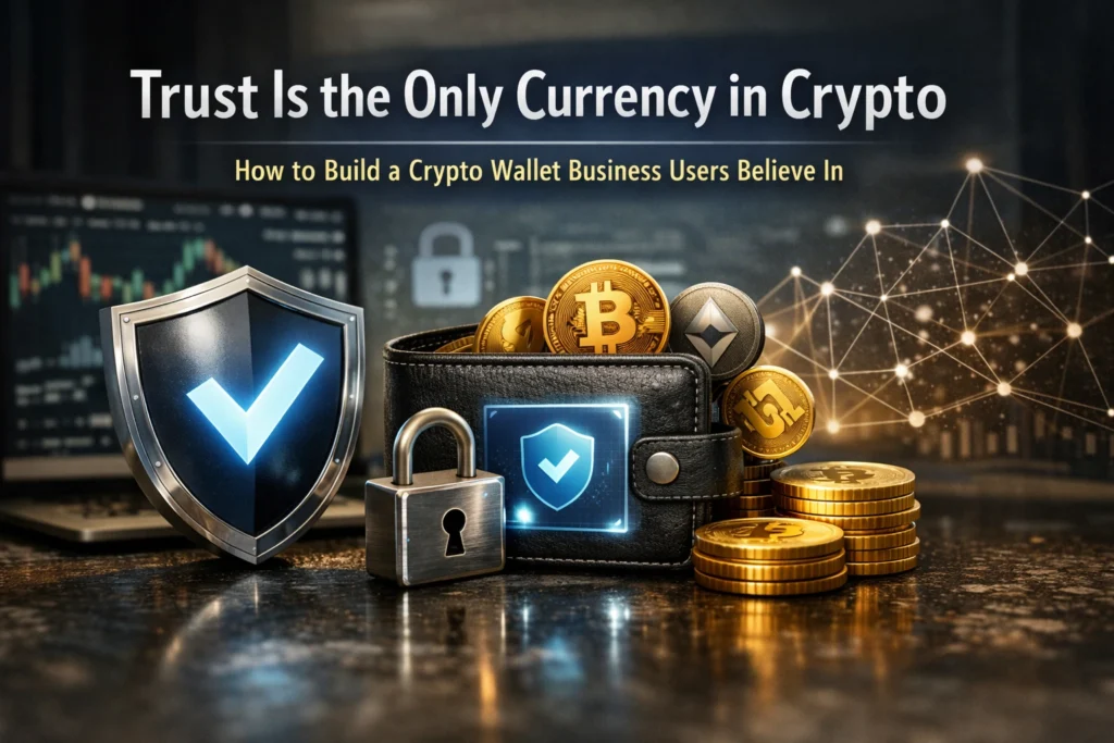 Trust-first Crypto Wallet Business featured image showing secure wallet, shield, lock, and crypto coins