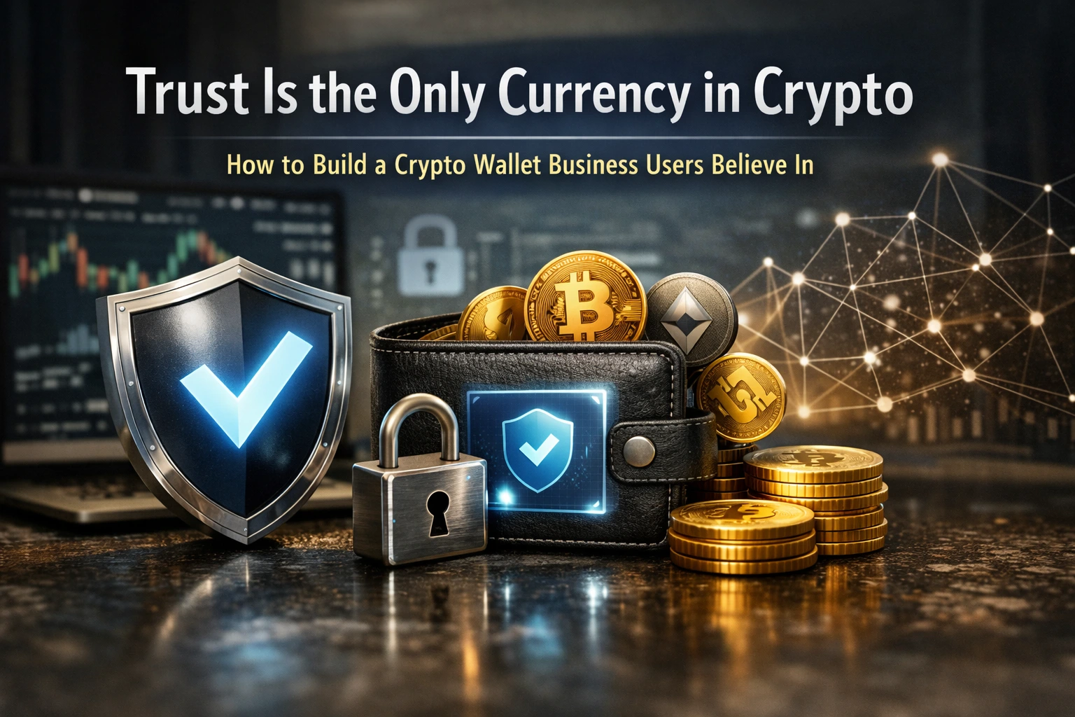 Trust-first Crypto Wallet Business featured image showing secure wallet, shield, lock, and crypto coins